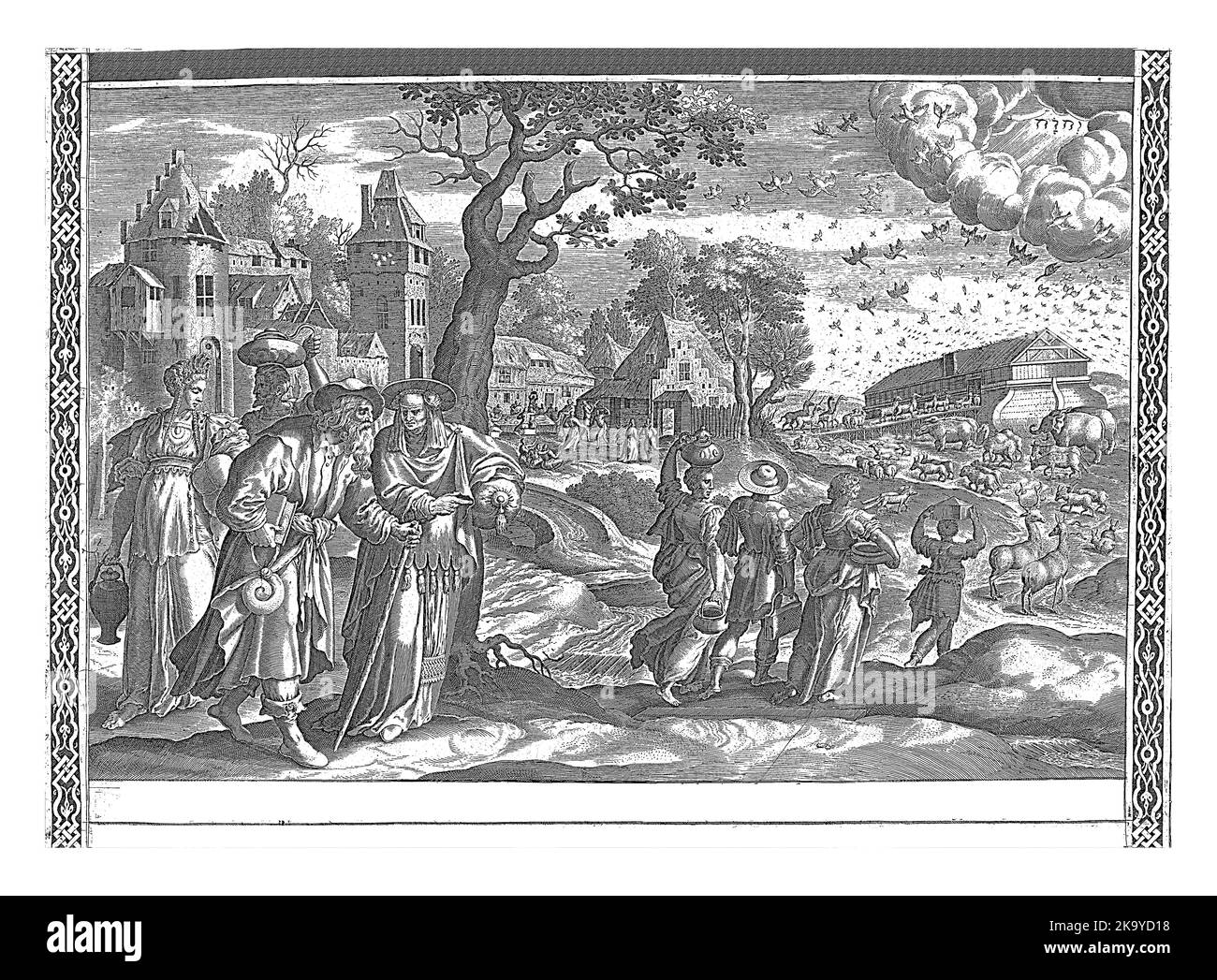 Einschiffung der Arche Noah, Jan van Londerseel, 1601 - 1702 Noah und seine Frau, links im Vordergrund, gehen zur Arche mit ihren drei Söhnen und Töchtern Stockfoto