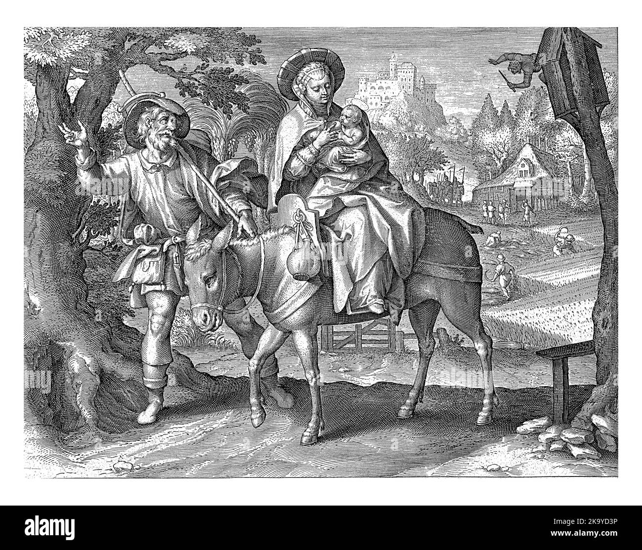 Die Heilige Familie auf einer Reise nach Ägypten. Joseph zu Fuß und Maria mit dem Christkind auf dem Arm auf einem Esel Stockfoto