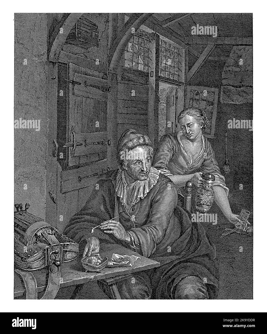 Winch Turner in an Inn, Louis E.F. Garreau, nach Willem van Mieris, 1788, Sitzt Ein Leier, der seine Pfeife in einem Gasthof anzündete. Hinter ihm ist ein Mädchen mit einem Stockfoto