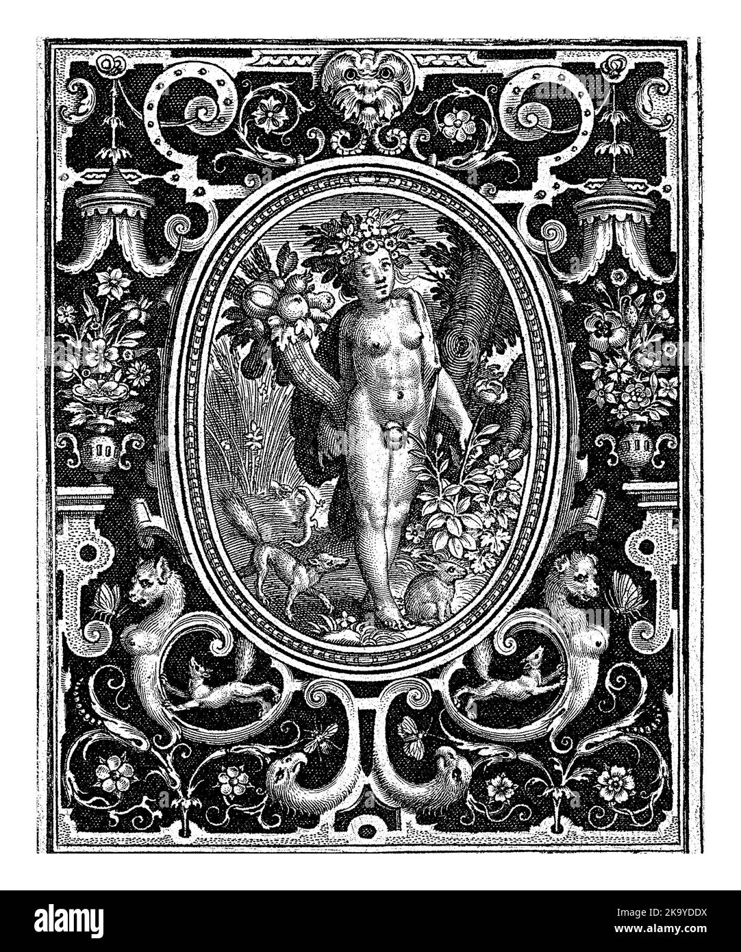 Erdelement als junge Frau mit Füllhorn und Rosenbusch in einem Rahmen mit Ornamenten, Nicolaes de Bruyn, 1582 - 1635 Erdelement als junge wo Stockfoto