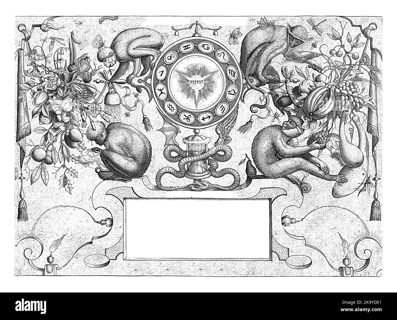 Darstellungen von Tieren, Pflanzen und Früchten nach Joris Hoefnagel.in der Mitte ein Kreis des Tierkreises und ein Tetragramm innerhalb eines Halos mit den Worten: Stockfoto