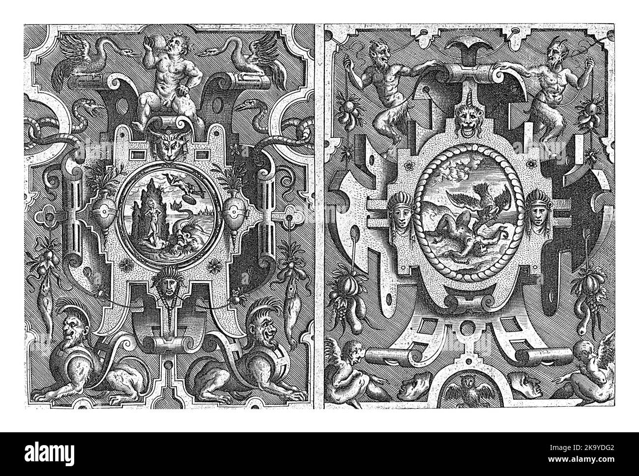 Zwei Kartuschen auf einem Blatt. Die Kartusche links zeigt die Befreiung von Andromeda durch Perseus, die Kartusche rechts zeigt Prometheus' Leben Stockfoto
