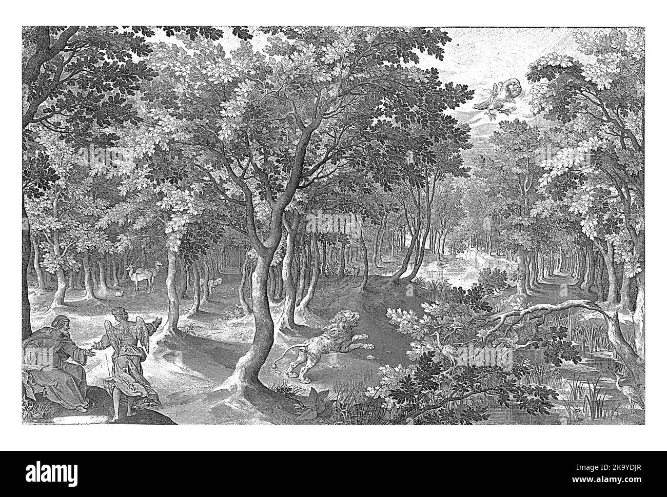 Die fünfte Vision von Esra. In einem Wald brüllt ein Löwe in den Himmel, wo sich ein brennender dreiköpfiger Adler verschlingt. Im Vordergrund links ein Engel exp Stockfoto