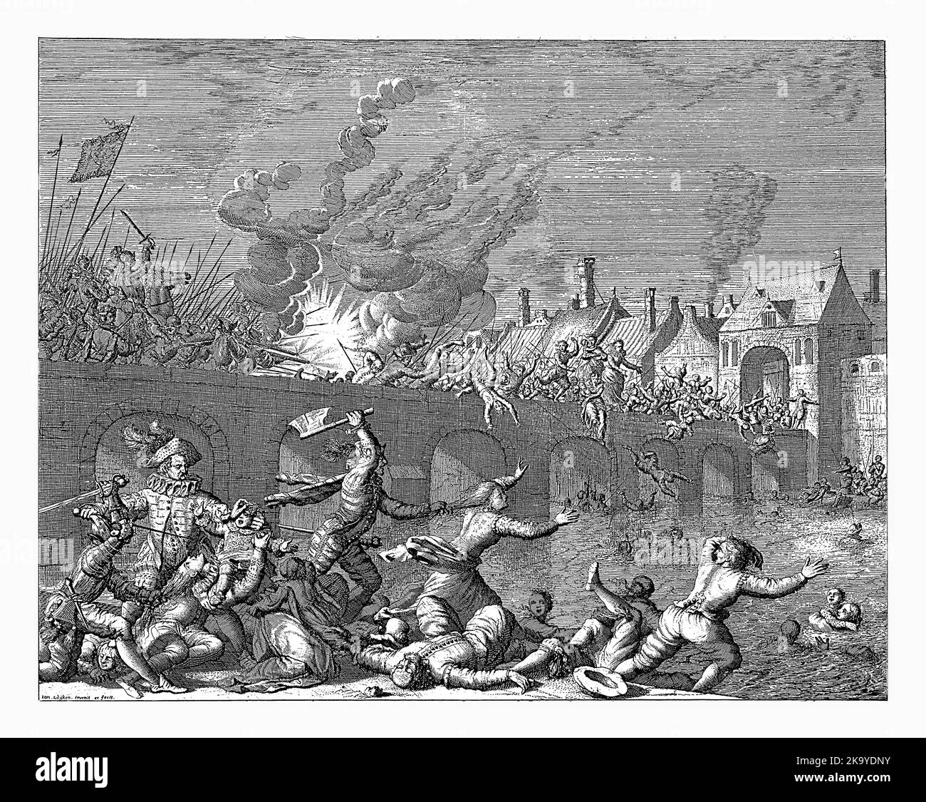Massaker von Maastricht, begangen von den Spaniern, 1579, Jan Luyken, 1678 - 1680 Maastricht nach Belagerung durch die Armee von Parma, 29. Juni 1579, gefangen genommen. Stockfoto