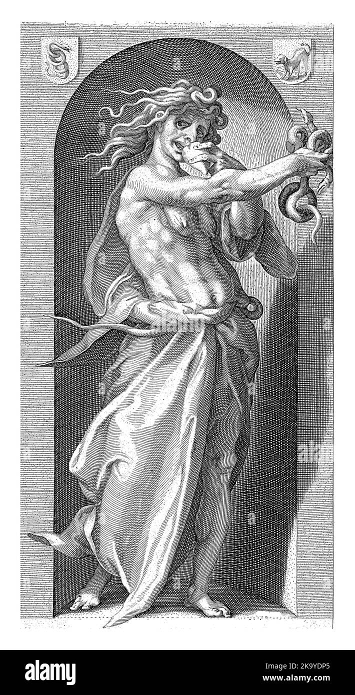 Personifizierung des Neides, dargestellt als weibliche Figur mit Schlangen um Haare, zwei Schlangen in der Hand, die an einem Herzen nagen. Stockfoto
