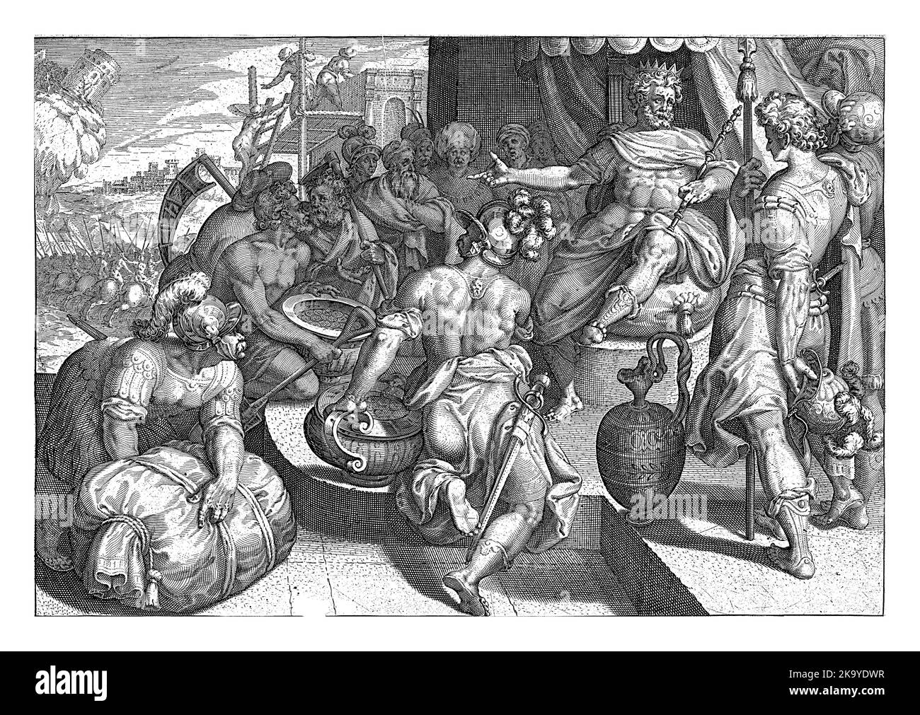 Mehrere Personen bringen ihre Schätze zum König, der auf seinem Thron sitzt. Stockfoto