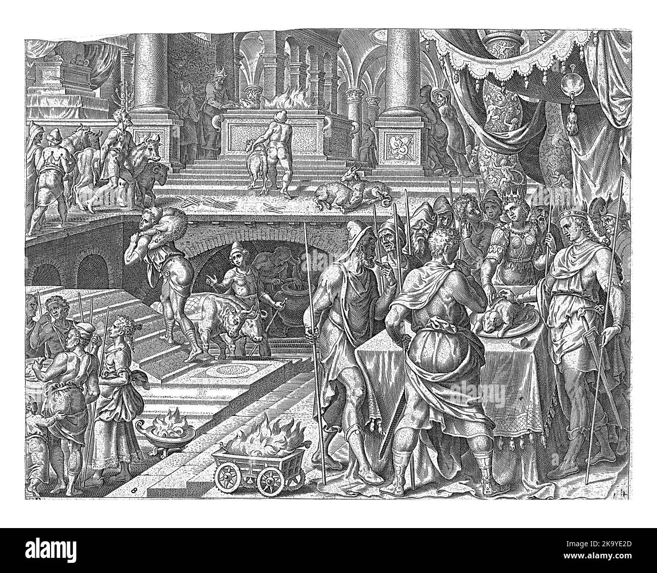 König Josiah feiert Passah nach den Regeln, die im Gesetzbuch zu Ehren Gottes geschrieben sind. Opfertiere aus seiner eigenen Herde werden geschlachtet Stockfoto