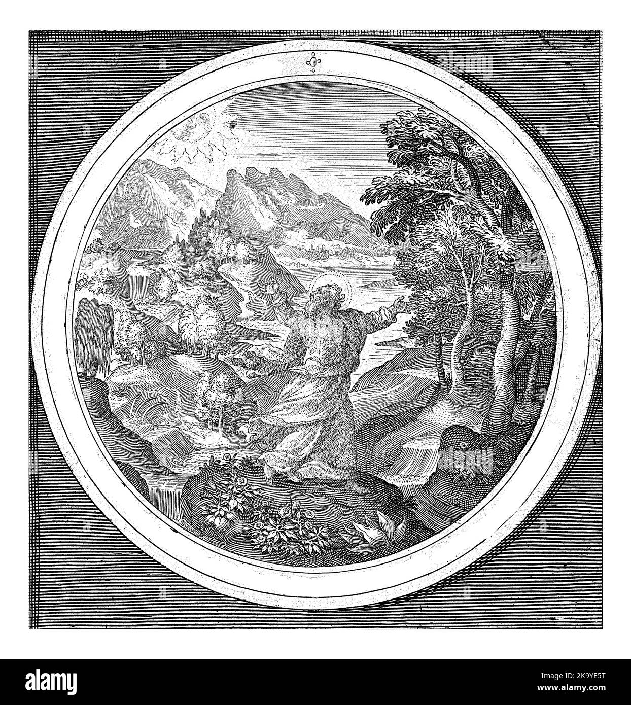 Dritter Schöpfungstag: Gott erschafft Land- und Rohrpflanzen und Bäume mit Samen tragenden Früchten, Nicolaes de Bruyn, nach Maerten de Vos, 1581. - 1656 Stockfoto