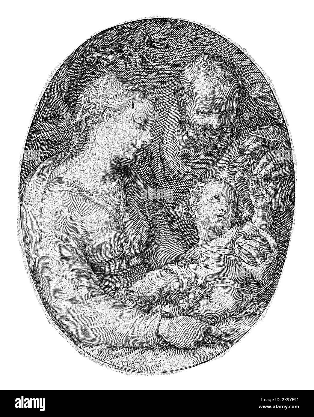 Die Heilige Familie, in Oval dargestellt. Das Christkind sitzt auf Mariens Schoß und nimmt einen Apfel von Joseph entgegen. Stockfoto