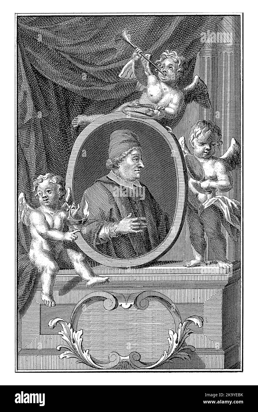 Porträt von Clemens XI., der am 23. November 1700 zum Papst geweiht wurde. Um den Rahmen mit seinem Bild drei Putti mit Ewigkeitssymbolen in der Hand. Stockfoto