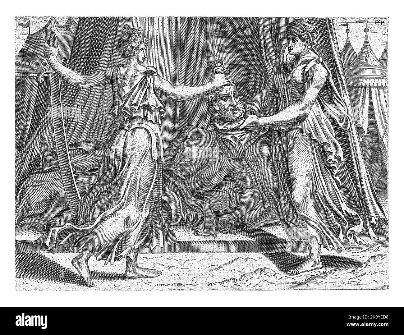 Judith steht links mit einem Schwert in der einen Hand und Holofernes' Kopf in der anderen, rechts ihre Magd, die einen Sack offen hält. Stockfoto