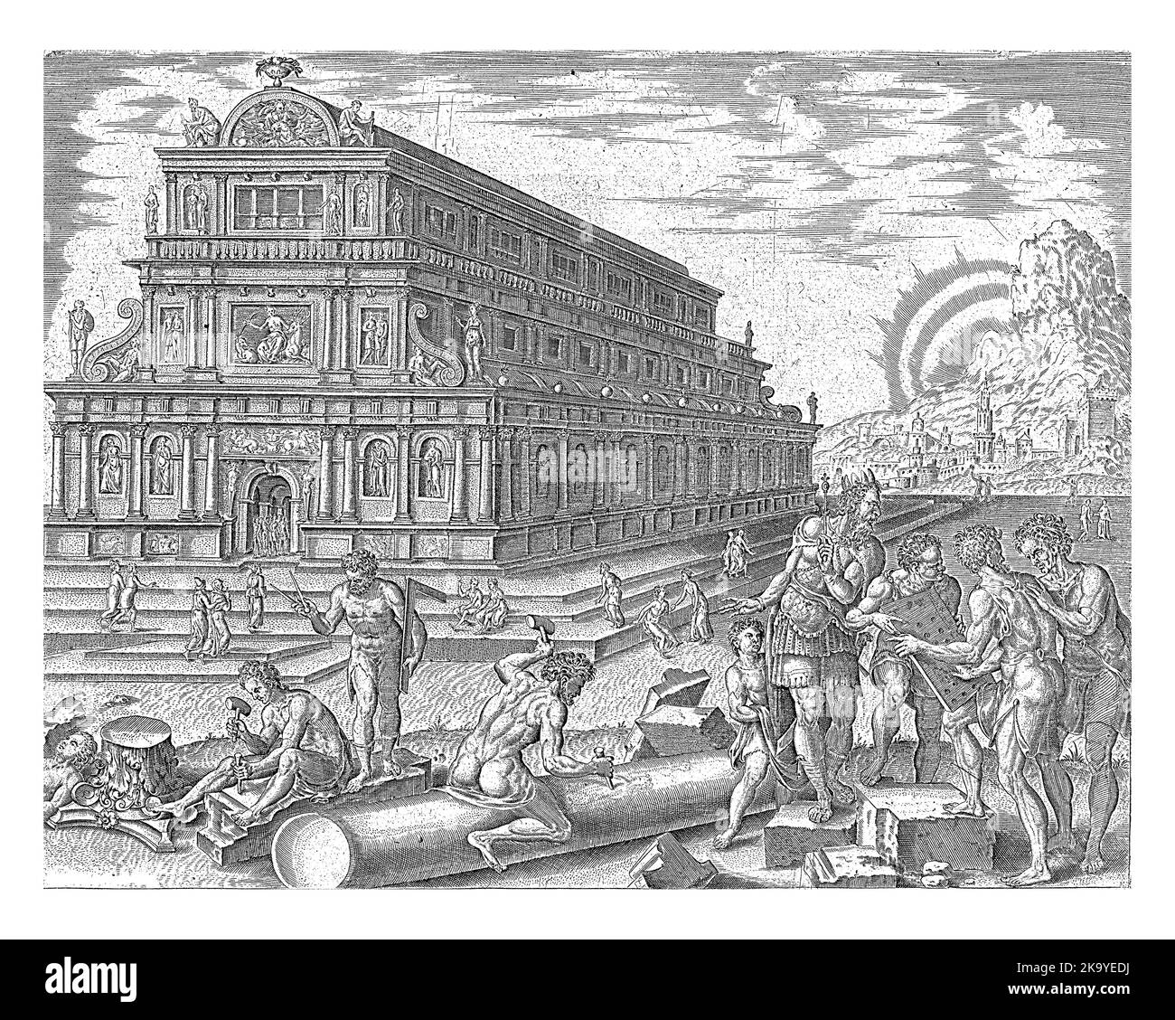 Der Tempel der Diana in Ephesus, dargestellt als dreistöckige Basilika im italienischen Stil. Im Vordergrund arbeiten Architekten und Steinmetze daran, eine hinzuzufügen Stockfoto