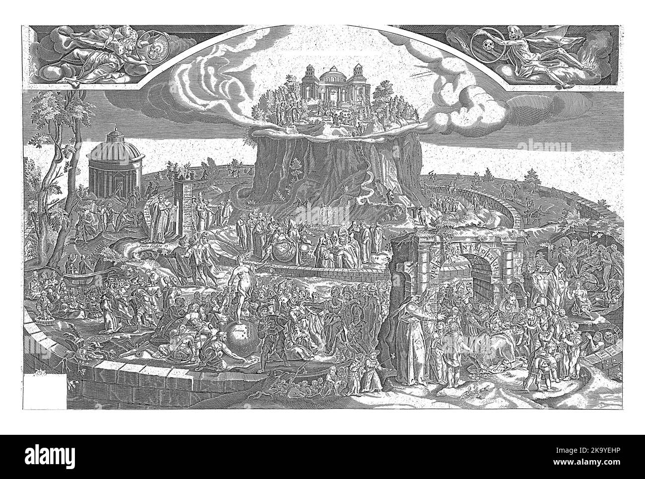 Tabelle der Cebes. Allegorische Darstellung des Lebensweges als Durchgang durch konzentrische Ringe zum Tempel des Glücks auf einem Berg in der Stockfoto