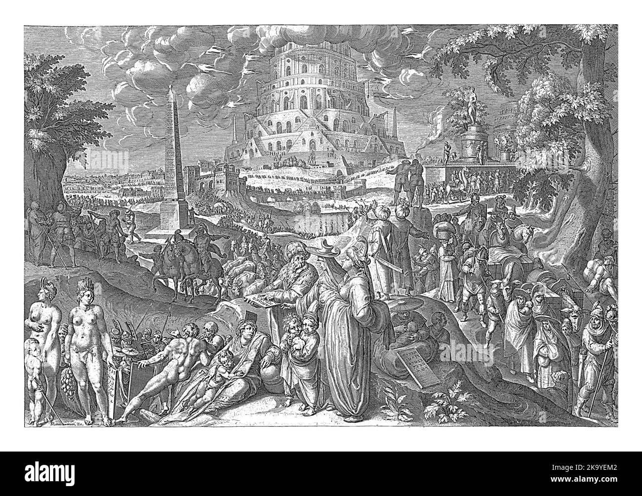 Im Hintergrund das Gebäude des Turms zu Babel. Wolken und Blitze umgeben den Turm und symbolisieren den Zorn Gottes. Stockfoto