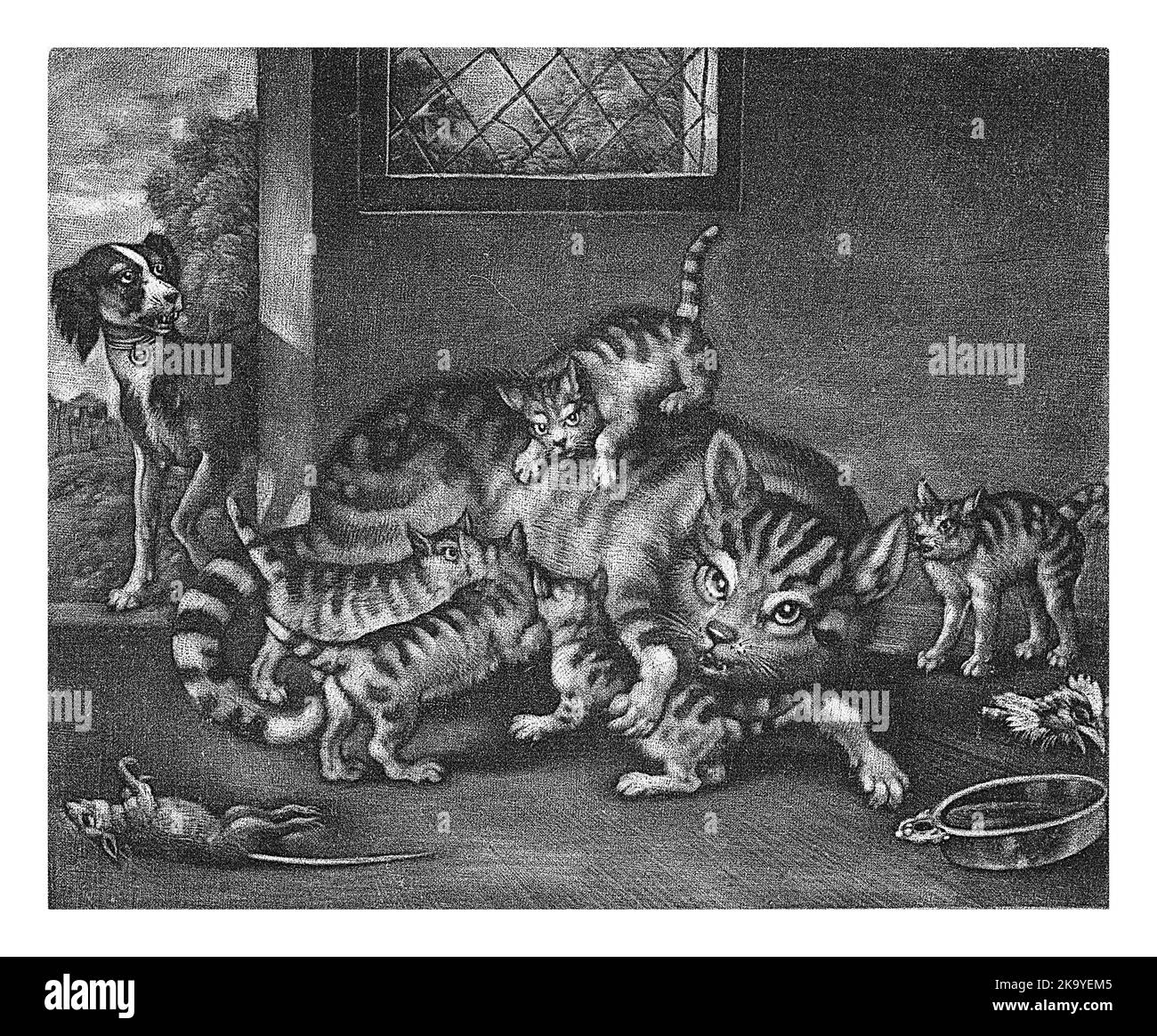 Weibchen mit fünf Jungen, Jan Griffier (I), nach Francis Barlow, 1667 - 1717 in einem Zimmer füttert ein Weibchen ihre Jungen. Es gibt einen Hund in der Tür. Stockfoto