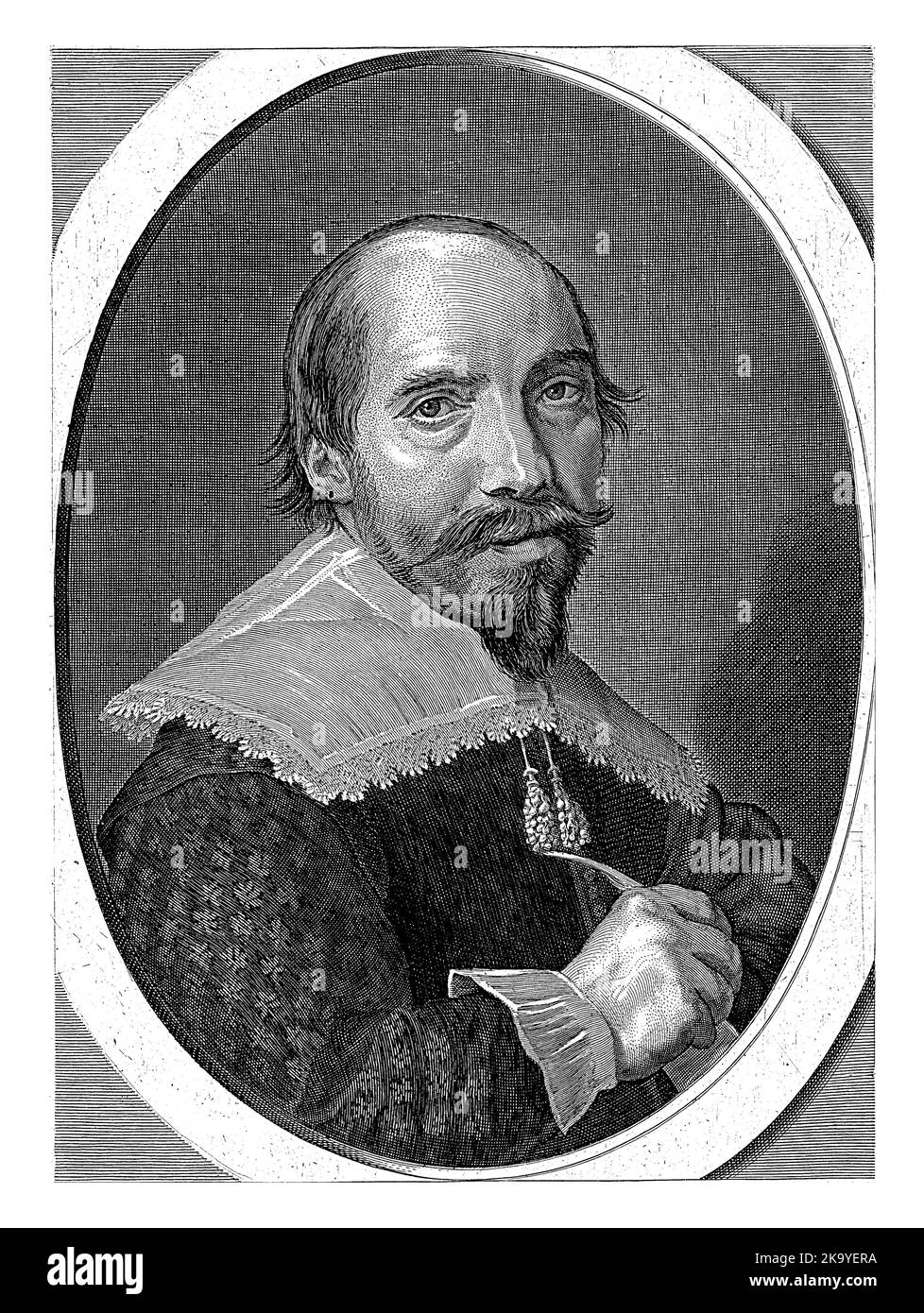 Porträt des Schulmeisters und Kalligrafieschriftstellers Theodore Bleuet mit einer Schreibfeder in der Hand. Stockfoto