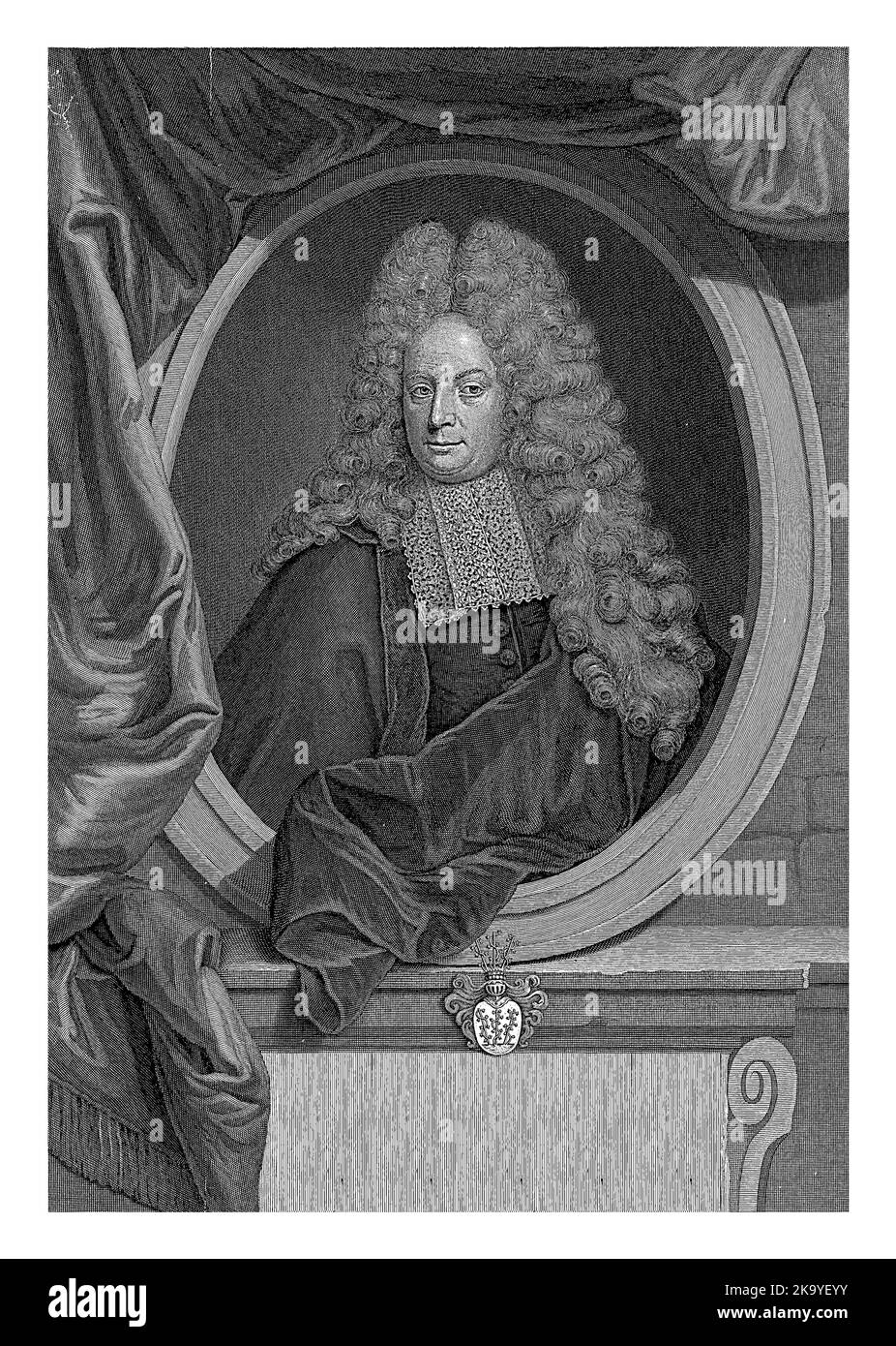 Joachim Hoppe, Bürgermeister von Danzig. Unter dem Bild ist sein Wappen und eine lateinische Bildunterschrift über sein Leben zu sehen. Stockfoto