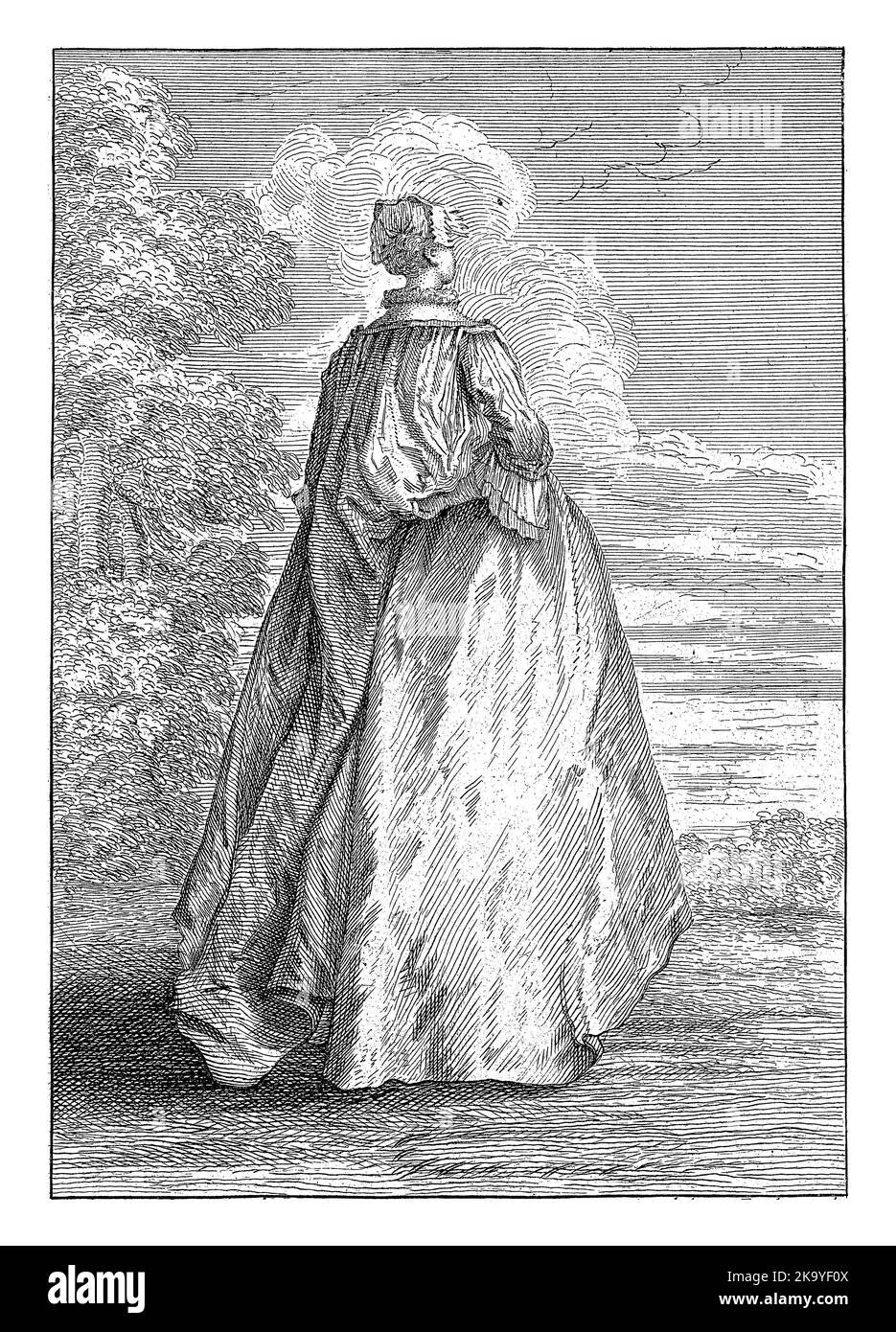 Mode und Eleganz: Französische Mode der 1720s, FranÃ§ois Octavien, 1725 stehende Dame, von hinten gesehen, drehte sich leicht nach rechts, angezogen Stockfoto