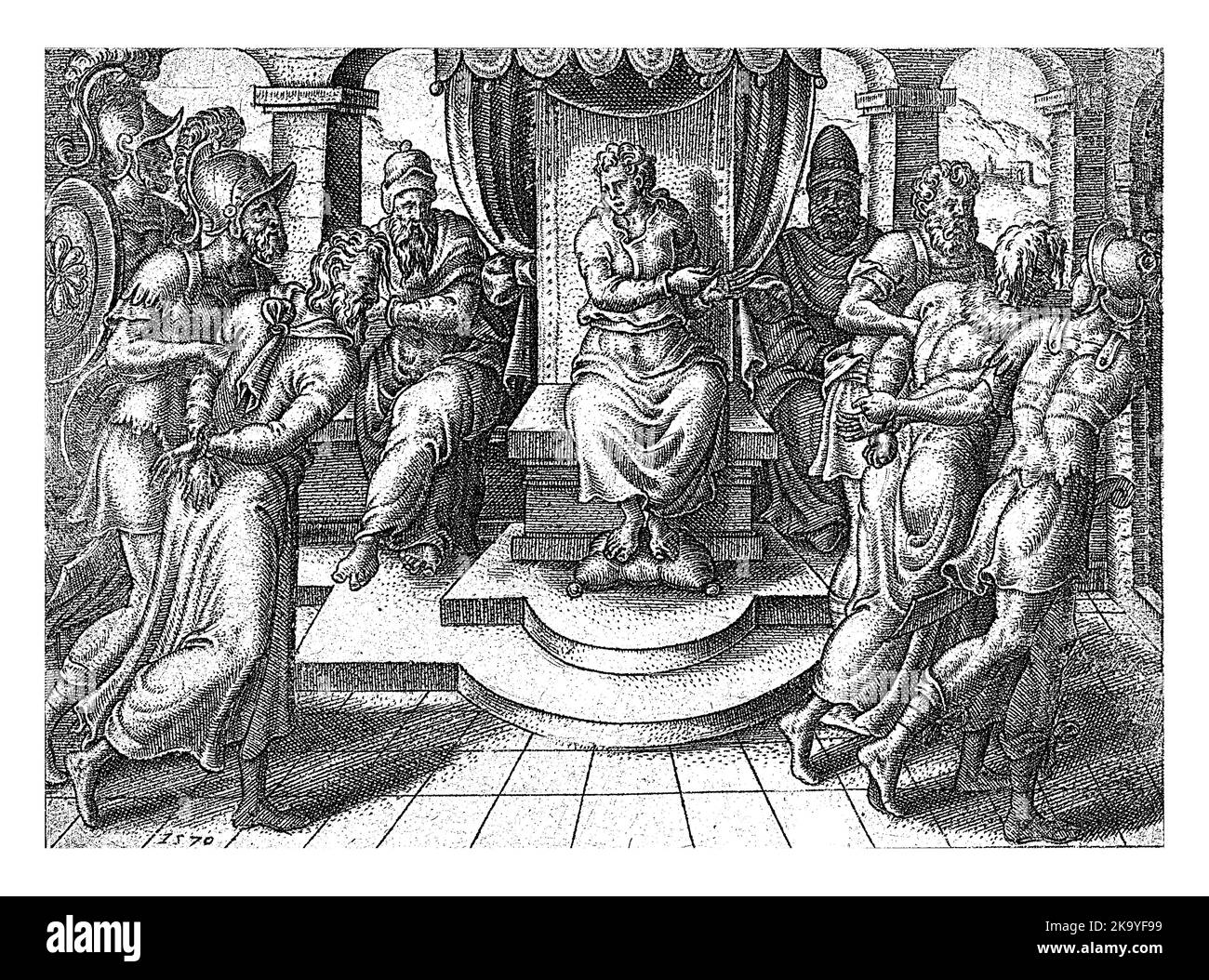 Daniel verurteilt die Ältesten, Abraham de Bruyn, 1570 Jahre vor Gericht beschuldigt Daniel die Ältesten des Meineids und beweist dies, indem er jeden einzeln verhört. Stockfoto