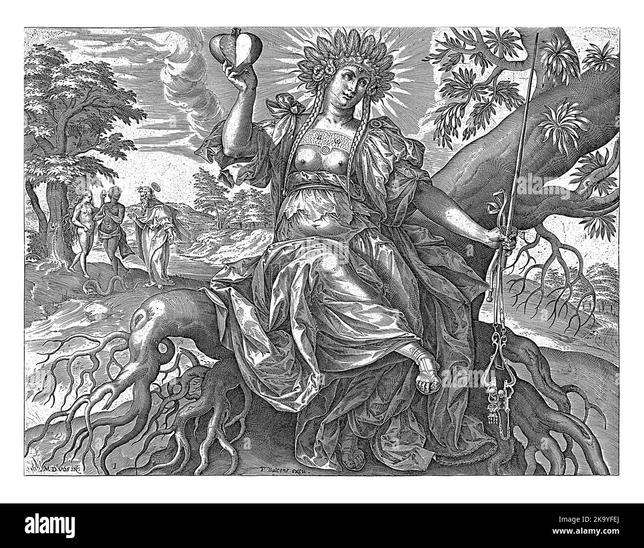 Das Goldene Zeitalter: Das Gesetz der Natur, Hieronymus Wierix, nach Maerten de Vos, nach Willem van Haecht (I), 1563 - vor 1580 die weibliche Personifizierung Stockfoto
