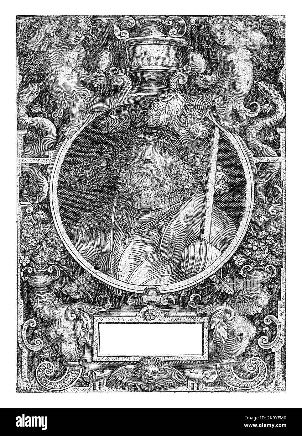 Porträt Joshuas in einem Medaillon in einem rechteckigen Rahmen mit Ornamenten, Nicolaes de Bruyn, 1594 Stockfoto