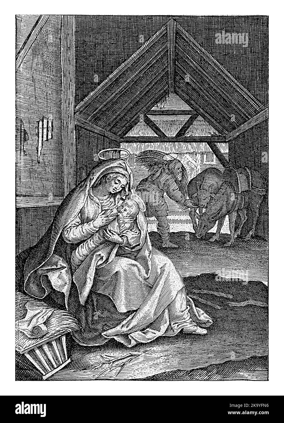 Geburt, Theodoor Galle (möglicherweise), 1581 - 1633 Maria mit dem Christkind im Vordergrund. Joseph füttert den Ochsen und den Esel. Stockfoto