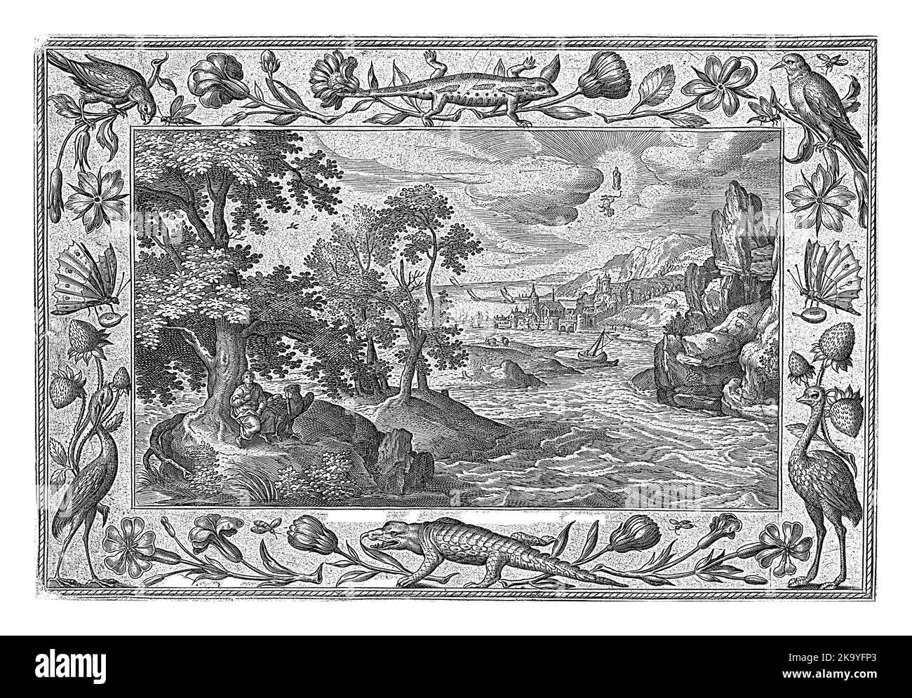Seascape mit der Insel Patmos im Vordergrund. Auf der Insel sind der Apostel und Evangelist Johannes, zusammen mit dem Adler, evangelisches Symbol. Stockfoto