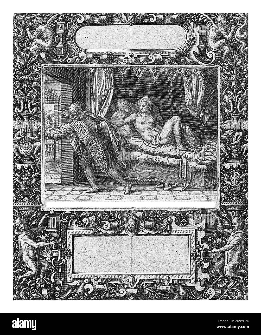 Rahmen mit länglicher Kartusche mit abgerundeten Seiten in der Mitte oben, Theodor de Bry, 1593 Rechteckkartusche in der Mitte unten. Oben links und Stockfoto