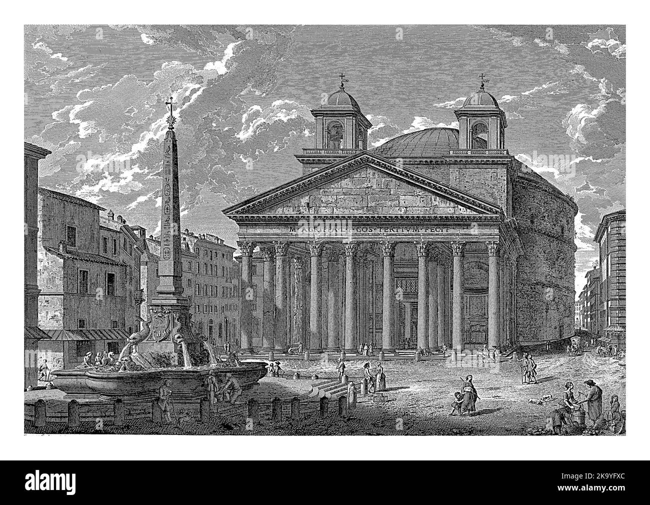 Blick auf die Piazza della Rotonda in Rom mit dem Pantheon und der Fontana del Pantheon. Titel am unteren Rand in italienischer und französischer Sprache. Stockfoto