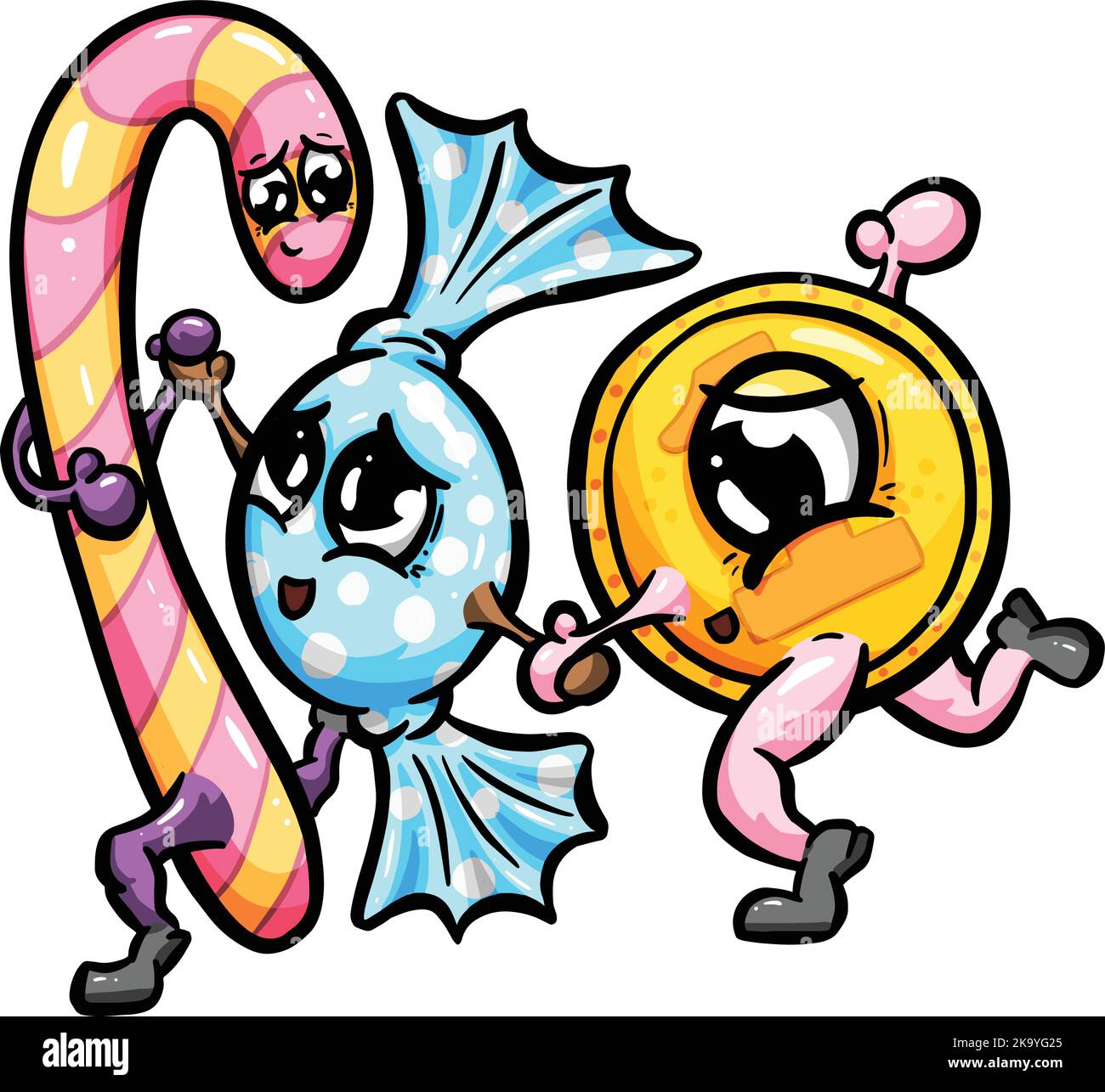 Weihnachtsbonbons Candy Cane und Sweet and Chocolate Penny Cartoon-Figuren als Logo oder Maskottchen-Design Stock Vektor