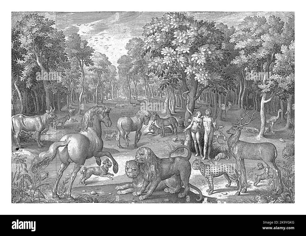 Eva verführt Adam, die verbotene Frucht zu essen, Nicolaes de Bruyn, 1642 das irdische Paradies mit allen Arten von Tieren. In der Mitte ist der Baum des k Stockfoto