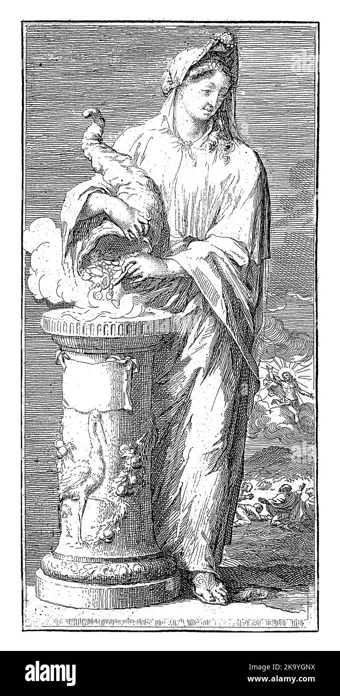 Eine weibliche Figur als Personifizierung der Dankbarkeit. Sie hält ein Füllhorn und gießt daraus Münzen über eine Opfersäule. Stockfoto