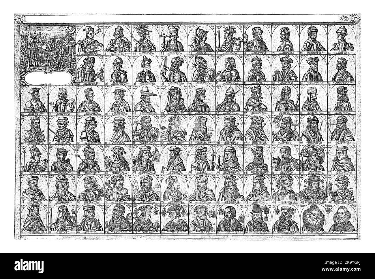 Sieben Reihen mit insgesamt achtzig nummerierten Büsten der Habsburger Monarchen vom Antor II. Bis zum Doppelporträt von Albrecht und Isabella, den Gouverneuren von Th Stockfoto
