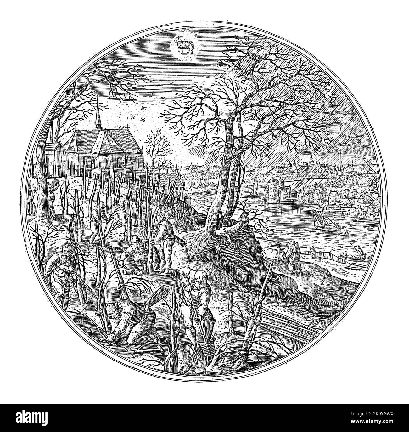 Runder Rahmen mit einer Landschaft mit Frühlingsszenen. März ist der Pflanzmonat. Überall sind die Menschen damit beschäftigt, Bäume zu Pflanzen. Oben zentrieren Sie das Sternbild Stockfoto