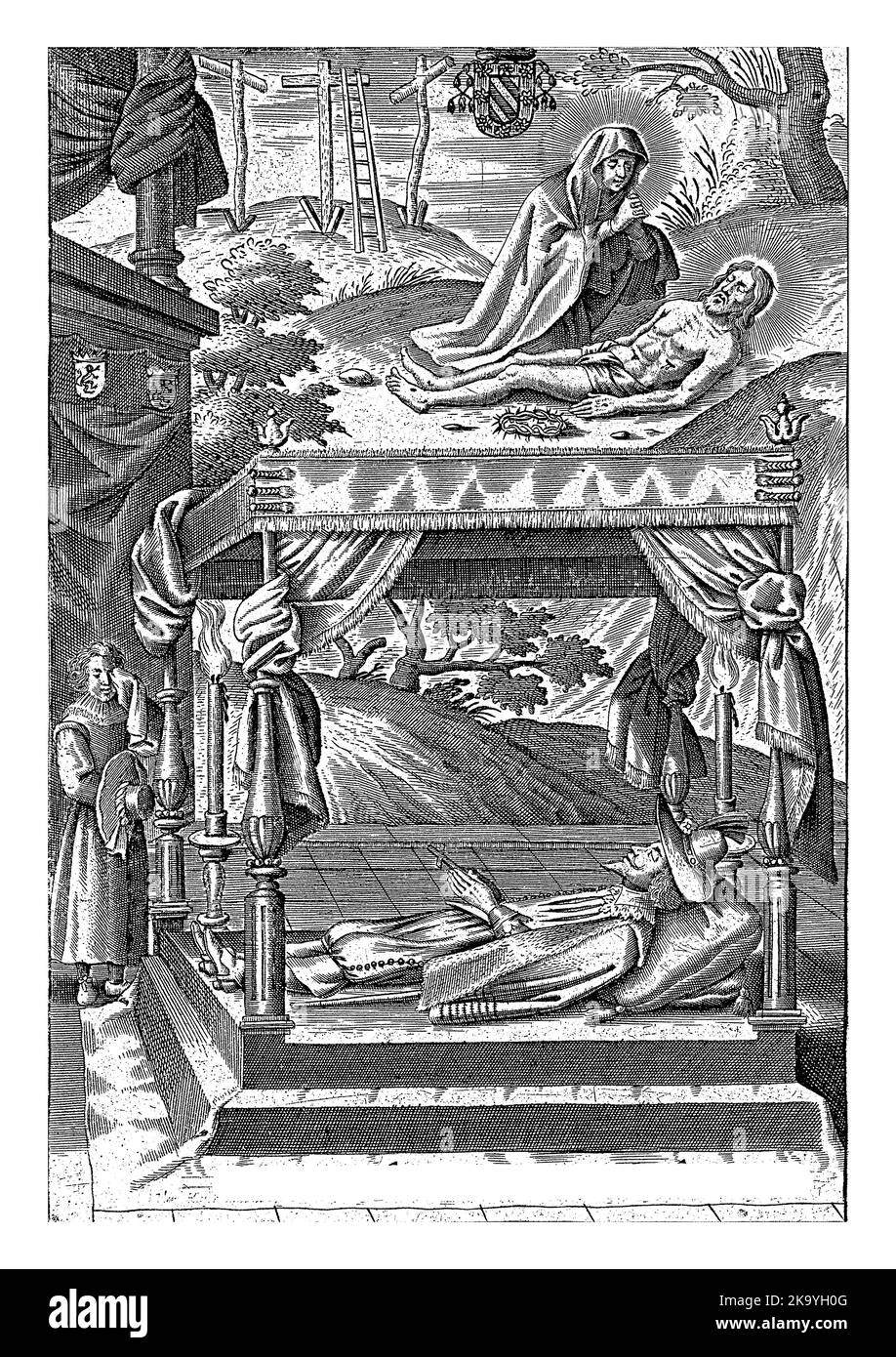 Maria mit dem Leib Christi und einem Courtier im Staat, Aegidius van Schoor, nach Nicolaas van der Horst, 1630 im Vordergrund ein toter Courtier, liegend Stockfoto
