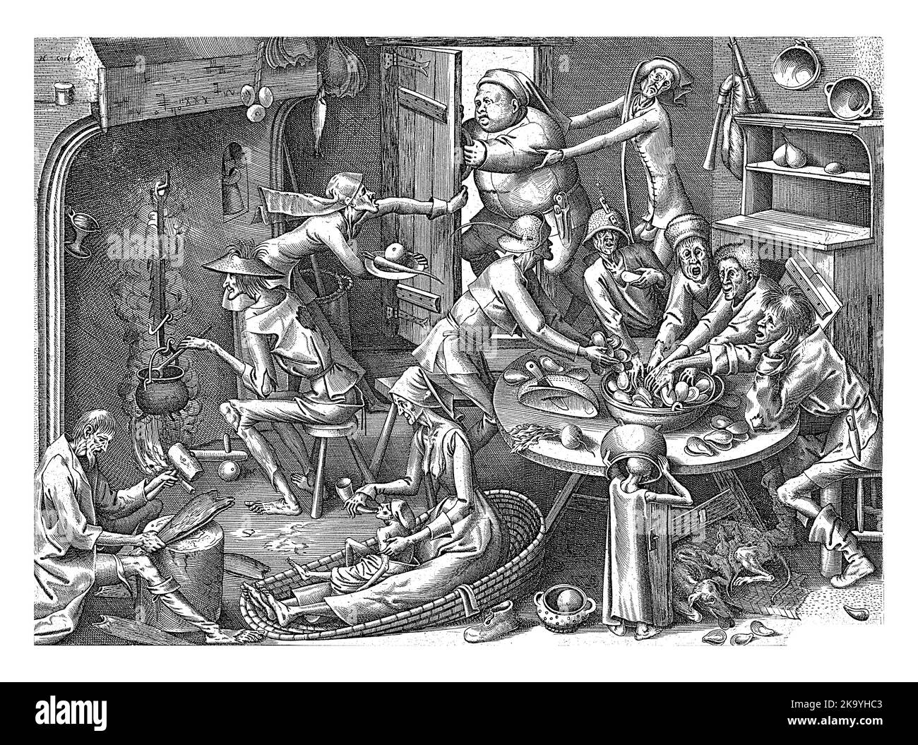 Kücheninnenraum mit mageren Leuten, die Muscheln an einem Tisch essen. Ein Mann rüttelt einen Kessel auf dem Feuer und vor einer Frau gibt ein Kind aus einem d zu trinken Stockfoto