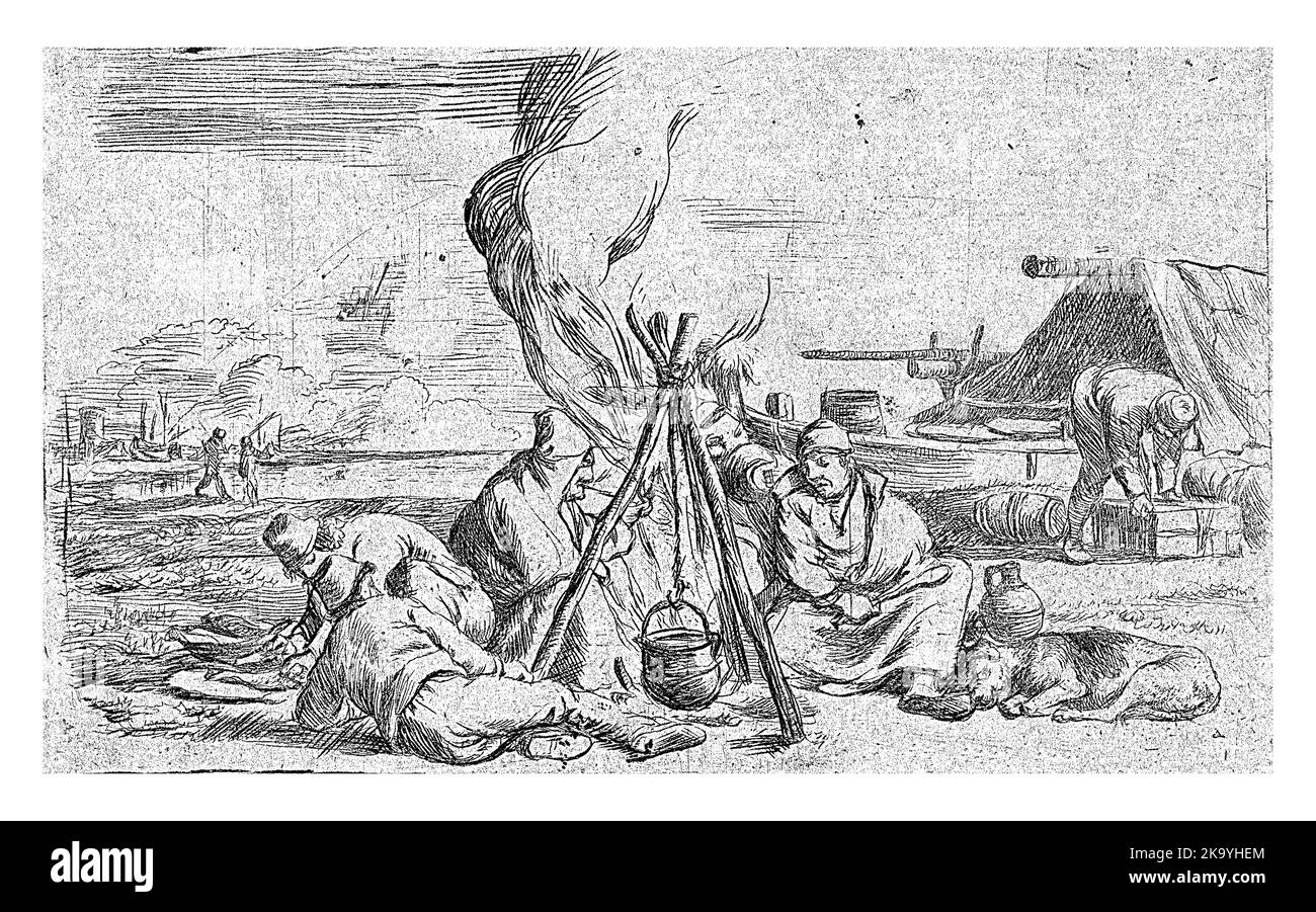 Fünf Soldaten um ein Lagerfeuer, Jan van Ossenbeeck, 1647 - 1674 Stockfoto