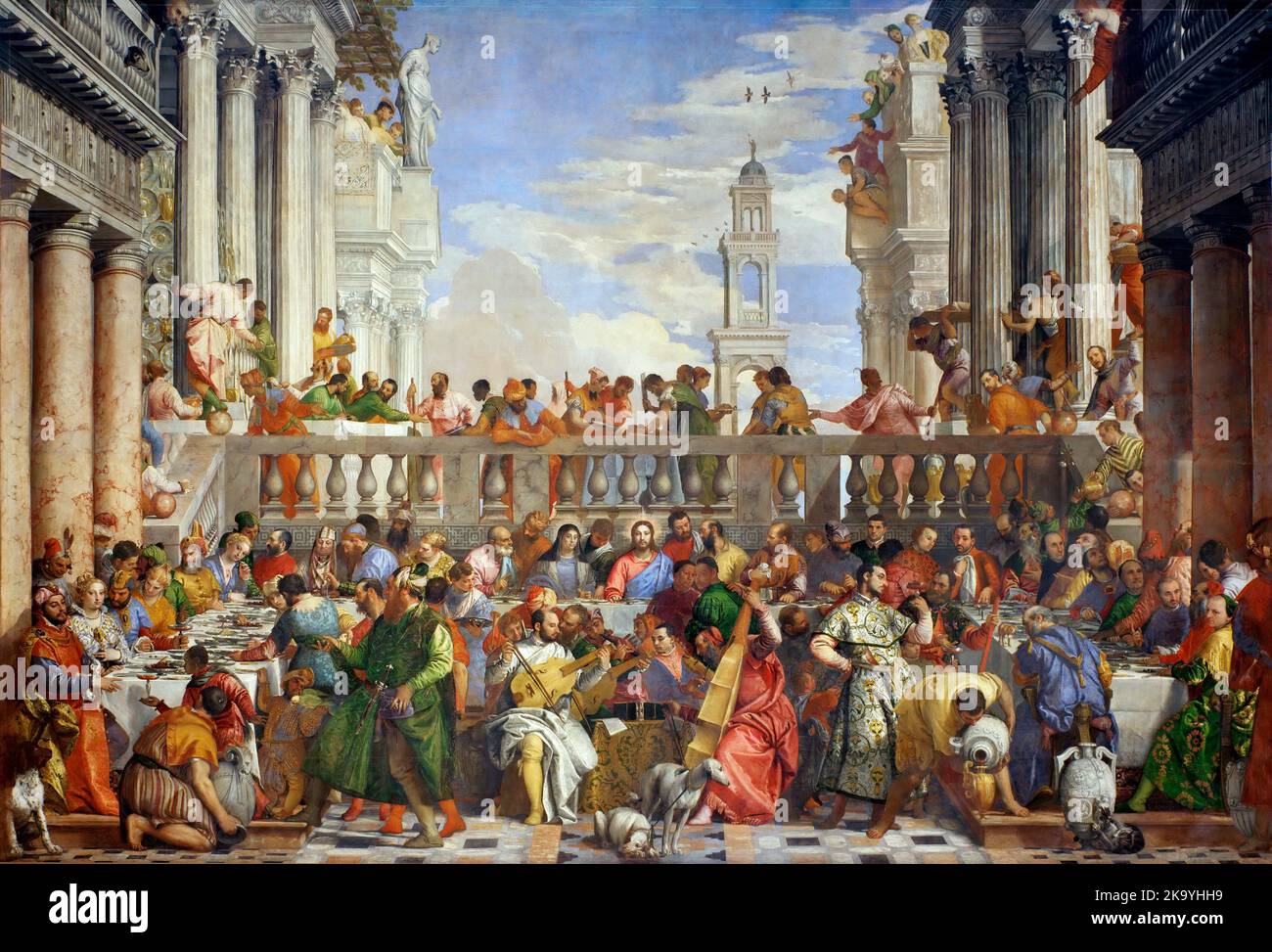 Die Hochzeit zu Kana (1563), von Paolo Veronese zeigt die biblische Geschichte der Hochzeit zu Kana, bei der Jesus Wasser in Wein verwandelt Stockfoto
