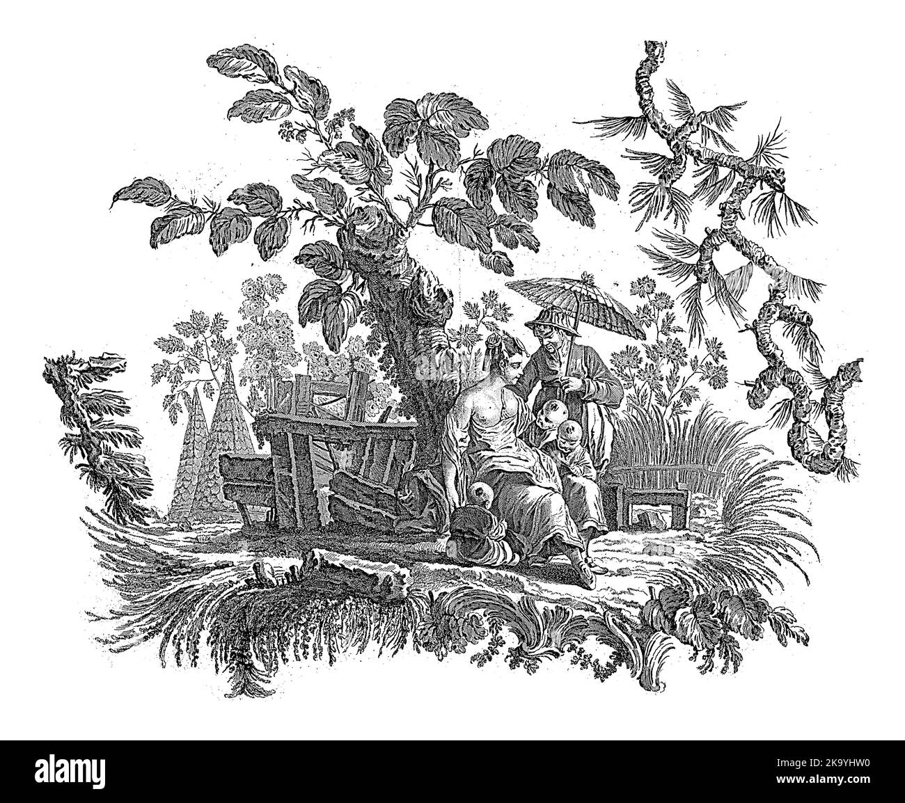 Chinesische Häuser und Figuren. Suite mit sechs Drucken. I. Pilling Inv. FA. aveline sc. London von I. Pillement, A Paris chez Basan, Francois-Antoine Aveline, Stockfoto