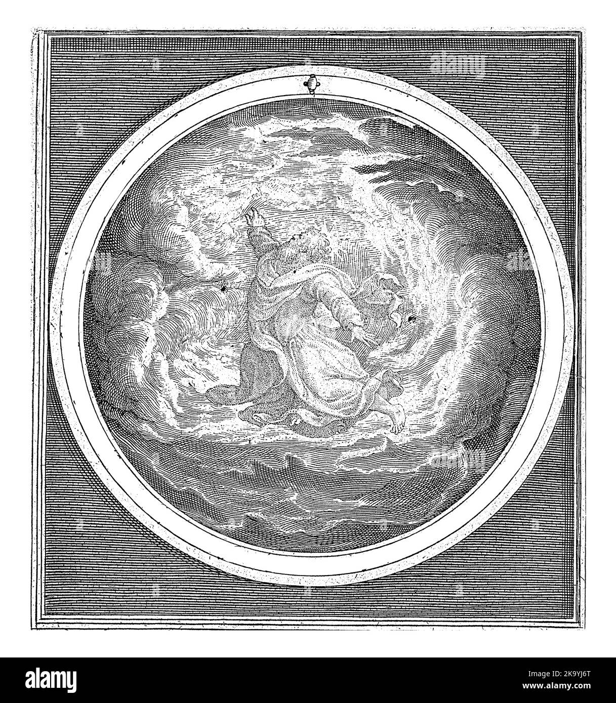 Erster Tag der Schöpfung: Gott schafft Himmel und Erde. In Medaillon mit als Inschrift ein biblischer lateinischer Text aus Genesis 1, in rechteckigem fram Stockfoto