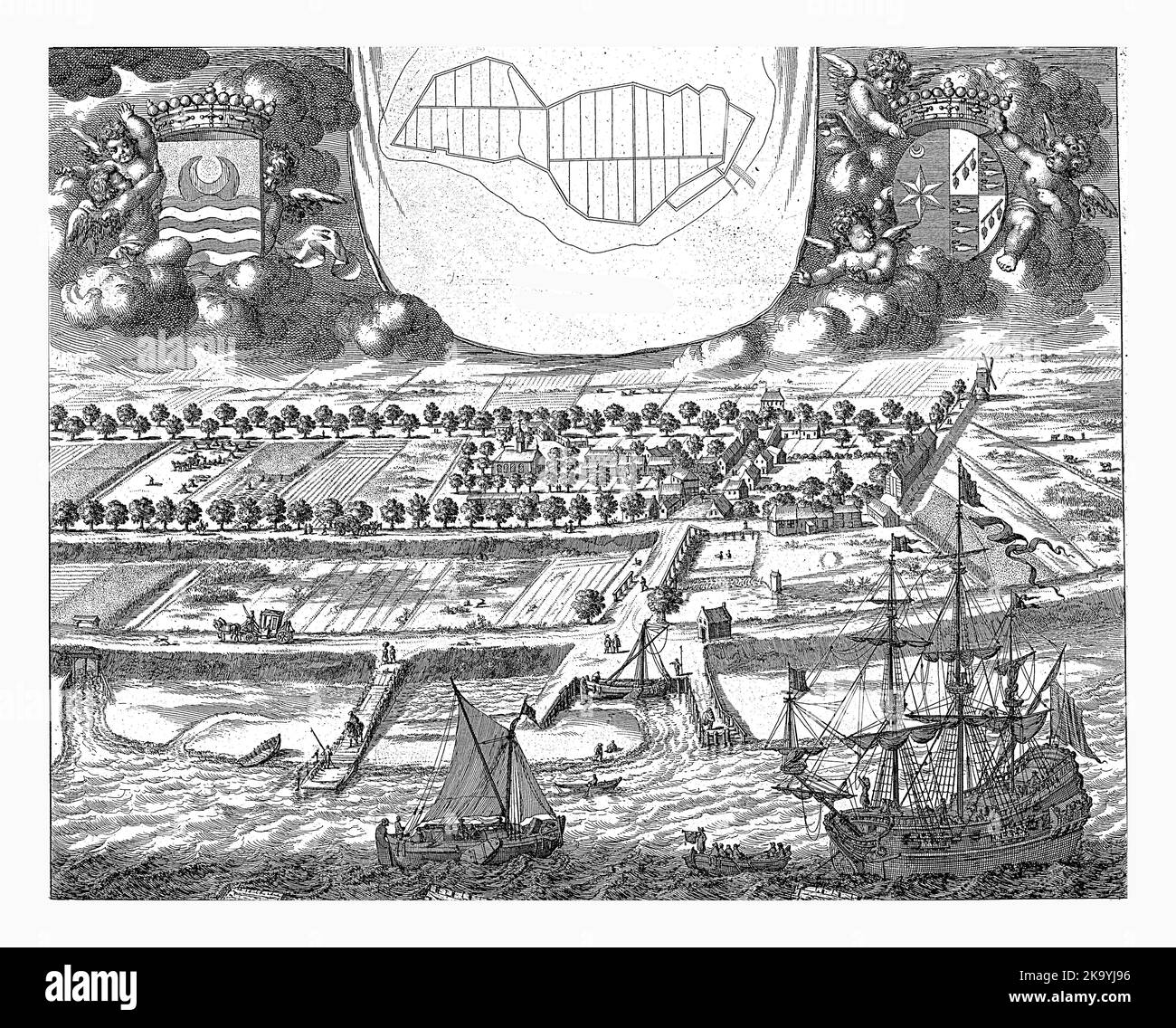Blick auf die Seigniory von Nieuwland, Jan Luyken, 1696 Eine Vogelperspektive auf das Dorf und die Seigniory von Nieuwland auf Walcheren. Oben links Putti mit dem Stockfoto