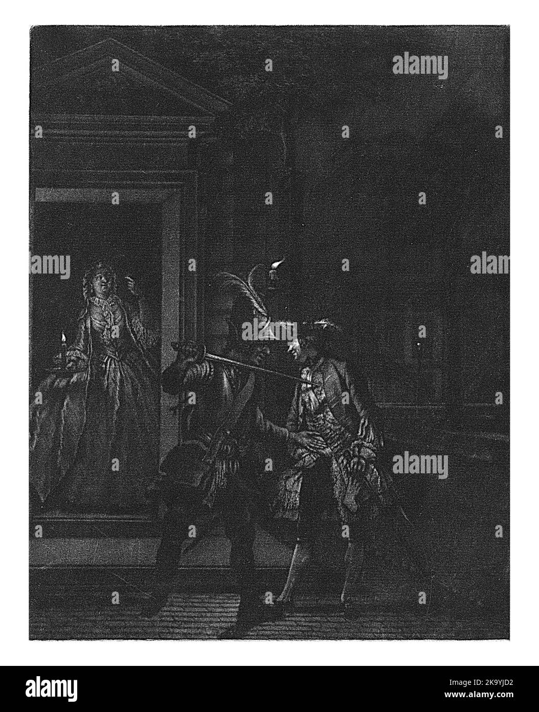 Ein Wächter fragt einen jungen Mann (Godefroy), der heimlich nachts seinen Geliebten (Sybille) besucht, um Geld. Stockfoto