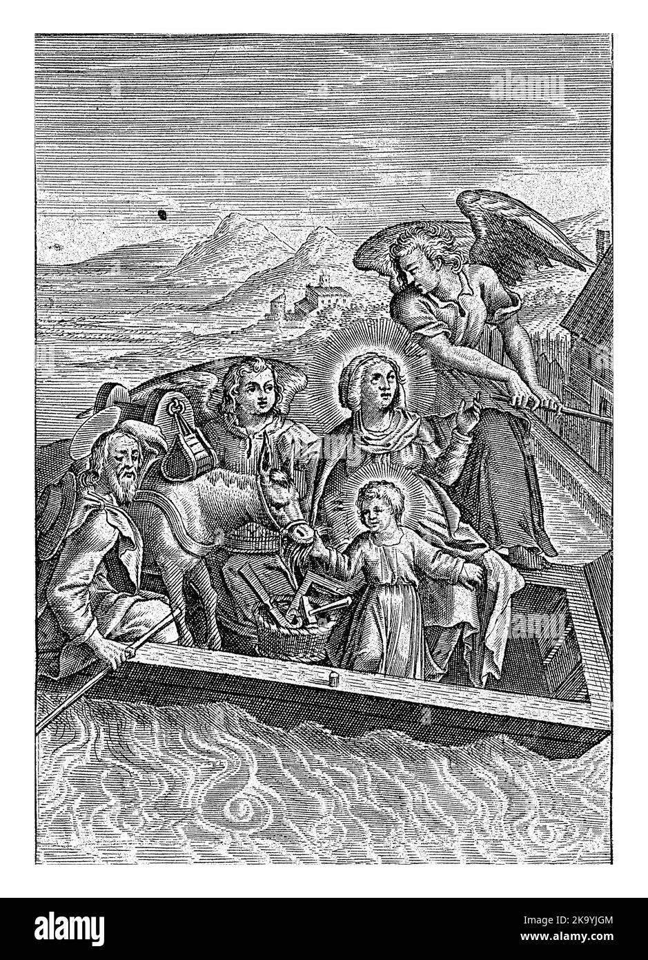 Flucht nach Ägypten, Theodore Galle (möglicherweise), 1581 - 1633 die Heilige Familie flieht nach Ägypten. Sie segeln in einem Boot, gesteuert von einem Engel. Stockfoto