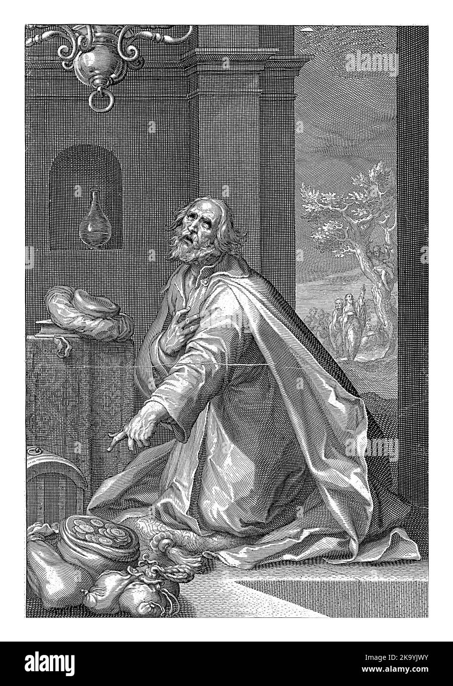 Zachäus, ein Zöllner in Jerichos, kniet mit Säcken Geld und einer Kommode. Auf einem Tisch steht ein Buch und sein Hut. In der Nische hinter ihm ist eine Vase Stockfoto