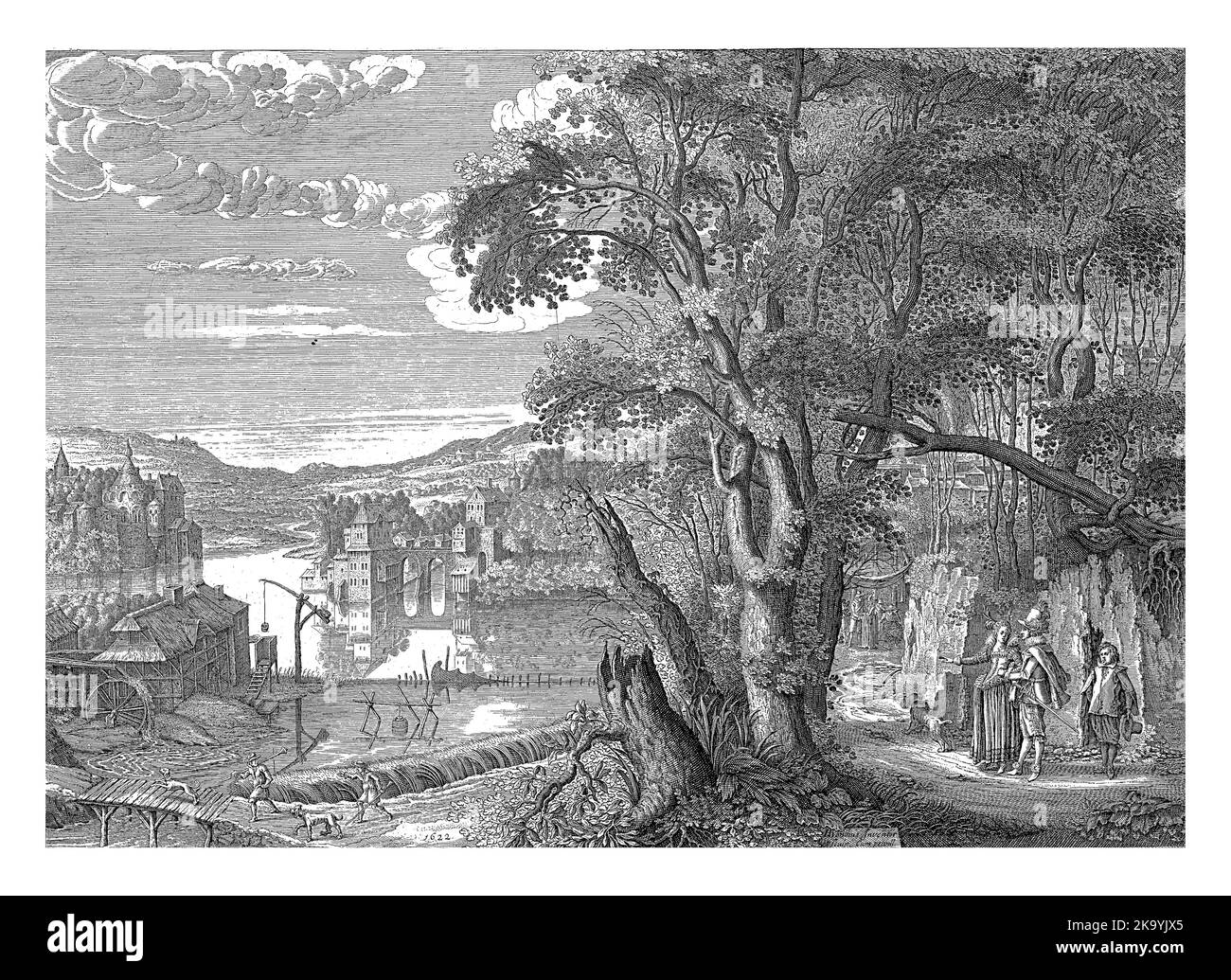 In einer weiten Landschaft mit einem Fluss, Burgen im Vorland und einer Wassermühle vorne links, ist der verlorene Sohn auf der rechten Seite mit einem elegant gekleideten Stockfoto