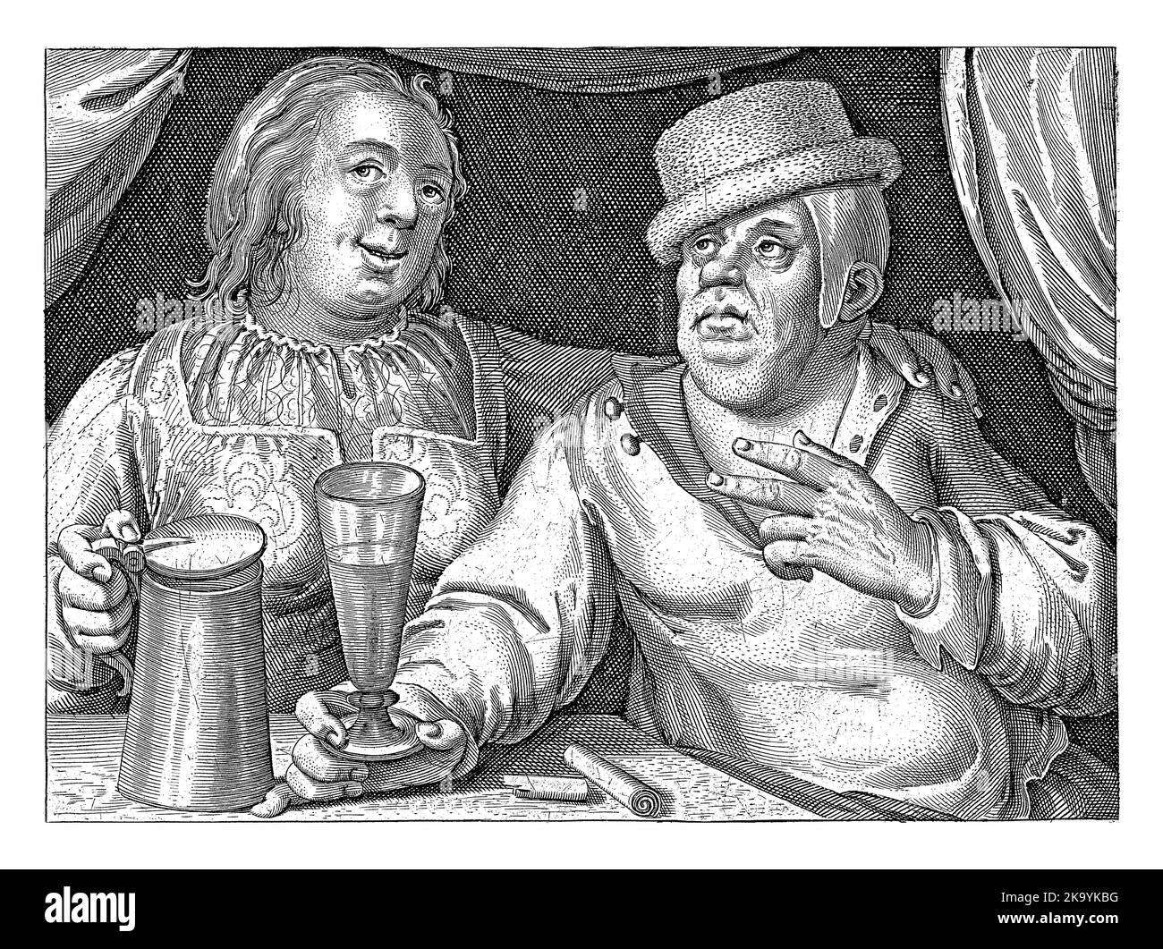 Trinkender Mann und Frau, Nicolaes de Bruyn, 1581 - 1656 Ein Mann und eine Frau sitzen an einem Tisch, er mit einem Glas in der Hand, sie mit einem Bierkrug. Stockfoto