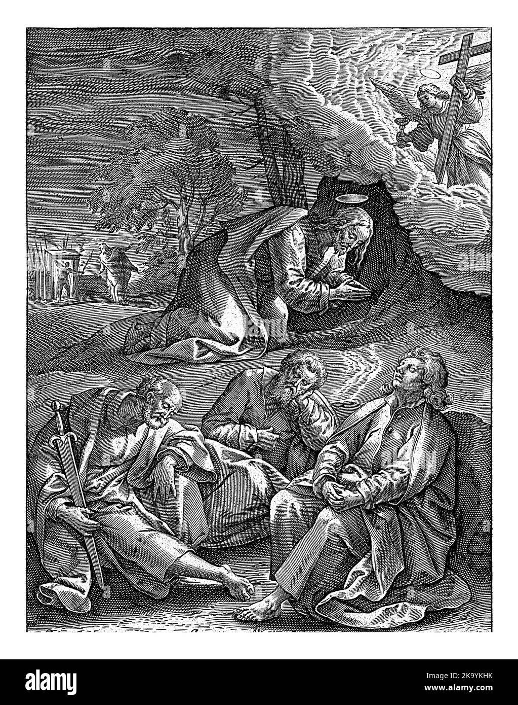 Christus im Garten Gethsemane, Hieronymus Wierix, nach Maerten de Vos, 1563 - vor 1586 Christus im Garten Gethsemane beten. Ein Engel w Stockfoto