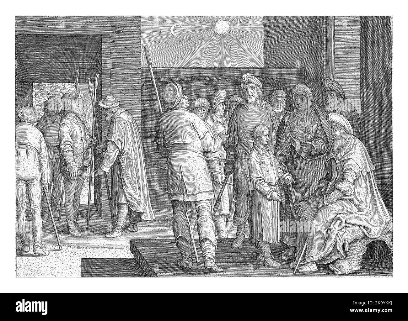 Joseph erklärt Jacob seinen zweiten Traum, Nicolaes de Bruyn, 1628, vintage graviert. Stockfoto