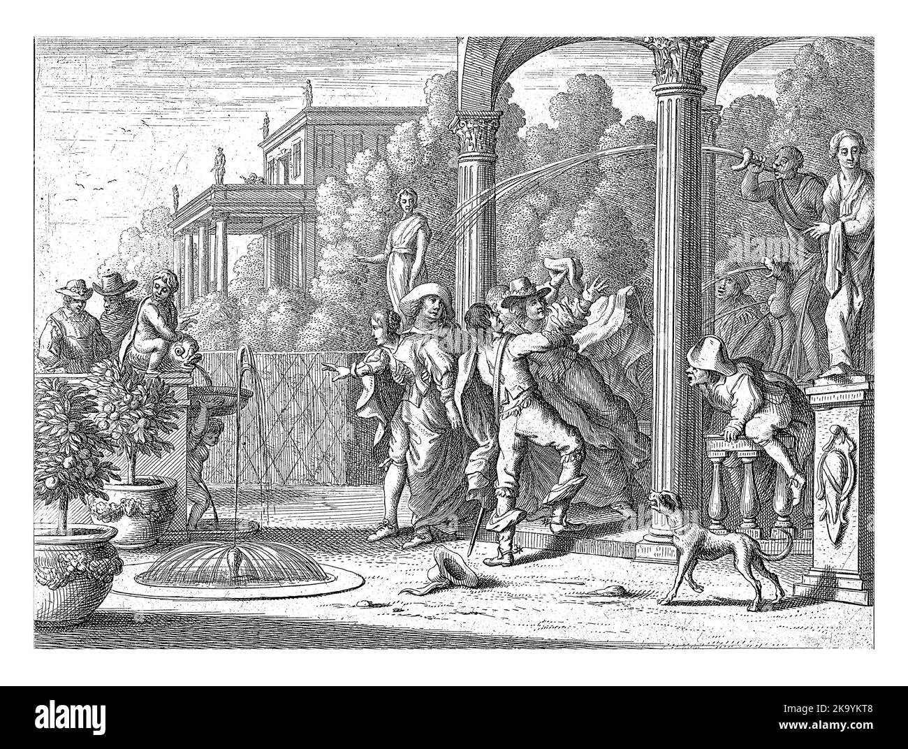 Eine Party im Garten weicht den Wasserstrahlen eines Brunnens unter einer Loggia aus. Stockfoto