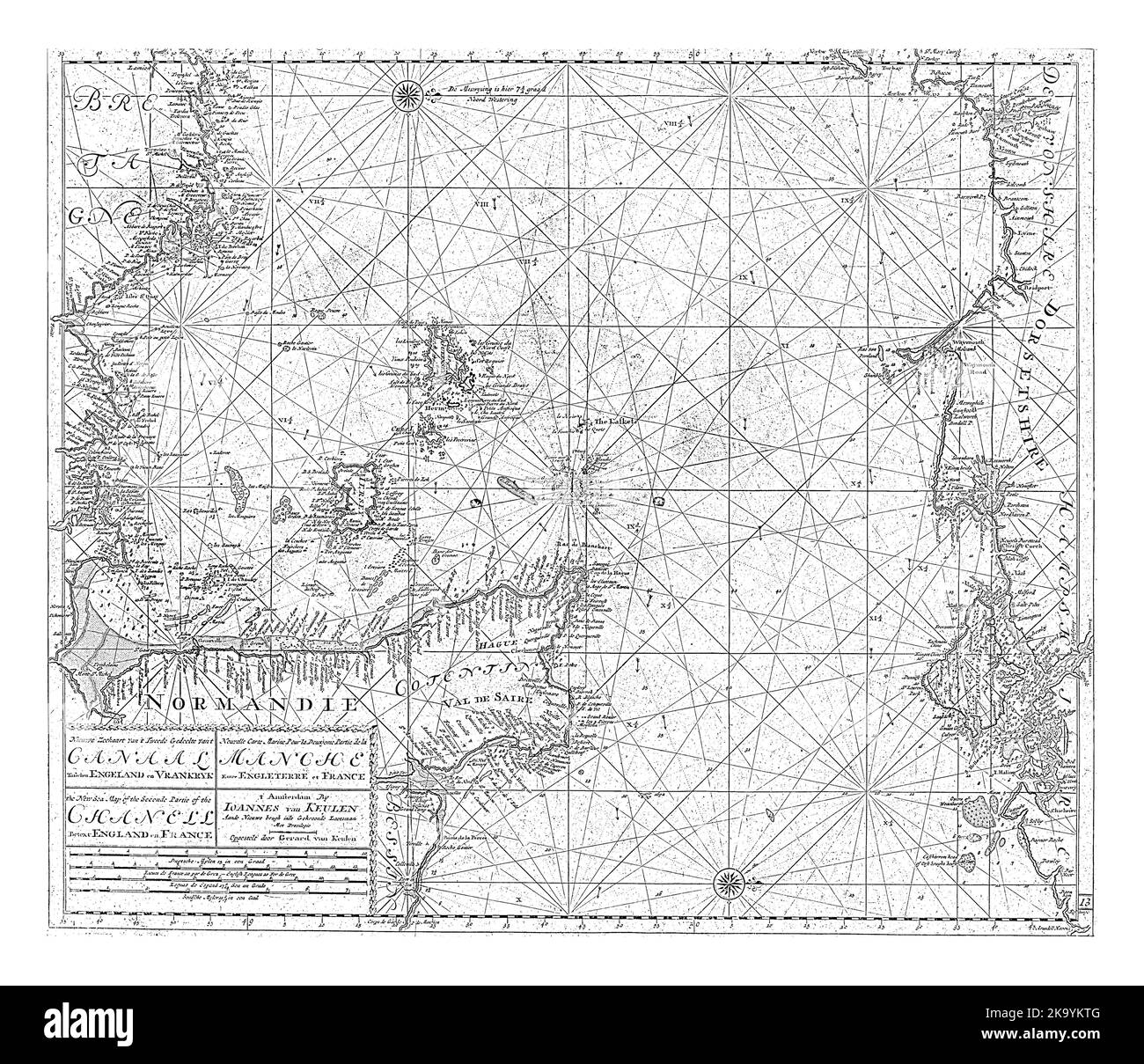 Passkarte eines Teils des Kanals, der Meerenge zwischen Großbritannien und Frankreich, mit zwei Kompassrosen. Unten links eine Kartusche mit dem Titel, Th Stockfoto